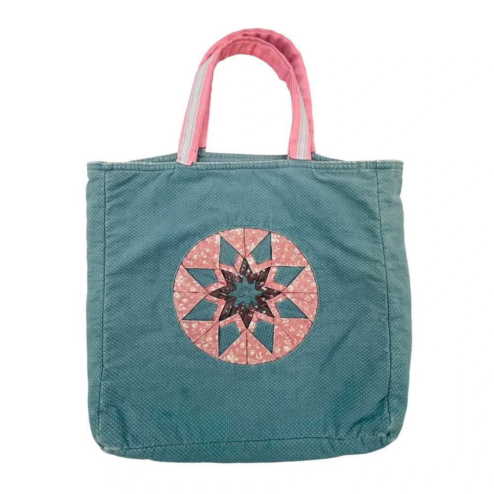 VTG Quilted Patchwork Star Tote Bag Polka Dot Cottagecore 90s Grandma Handmade